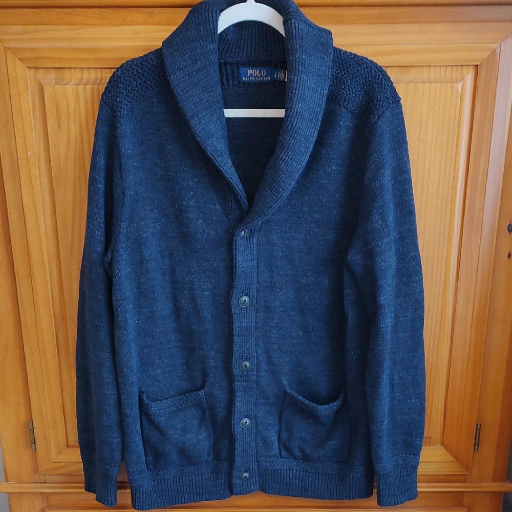 Polo RALPH LAUREN Cotton Shawl Collar Navy Blue Cardigan Sweater Grampa L